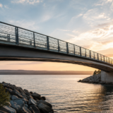 A pedestrian bridge arcing over calm water at sunset, symbolizing bridging the gap of distrust