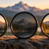 Three camera lens filters showing a mountain lake scene clear, darkened, and sunlit